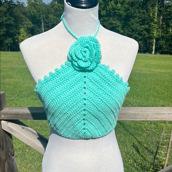 Hand Crafted Tops - Handmade Turquoise Crochet Halter Top